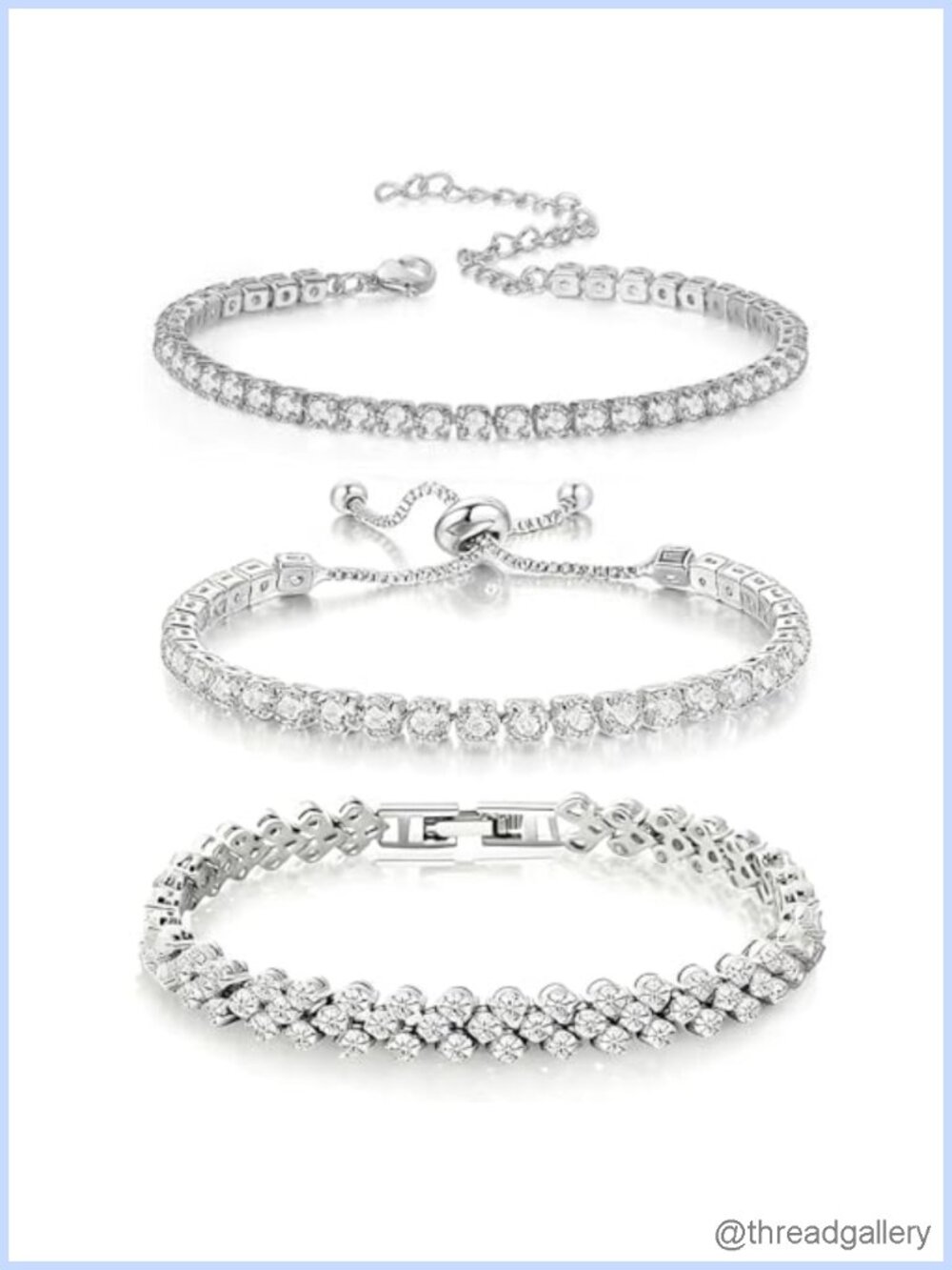 3 Pc Silver Tennis Bracelet Set Adjustable CZ Rhinestone Stack Wedding Prom